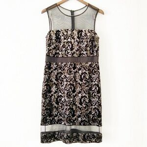 Scarlett Velvet Mesh Panel Metallic Filigree Dress Holiday Size 10 Glamorous